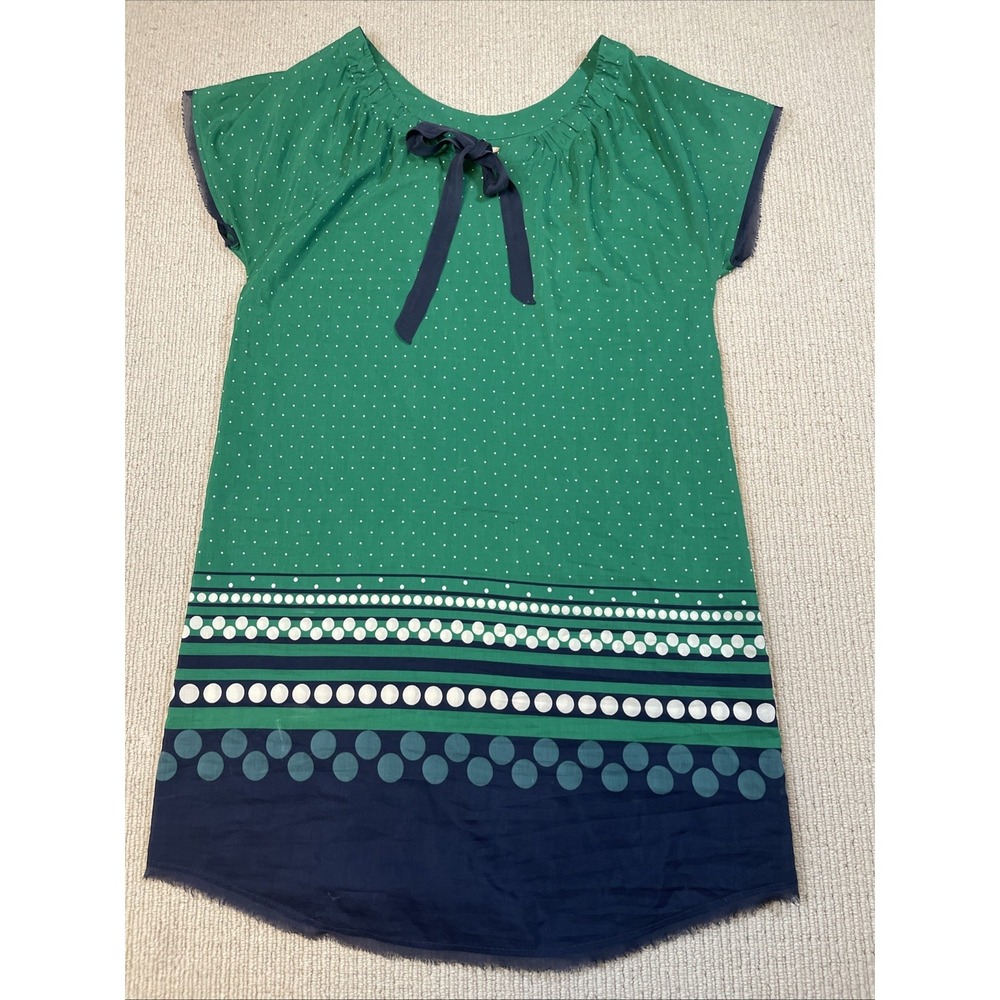 Anthropologie Allihop Women's Large Green Polka Dot  Shift Dress Navy Tie Neck
